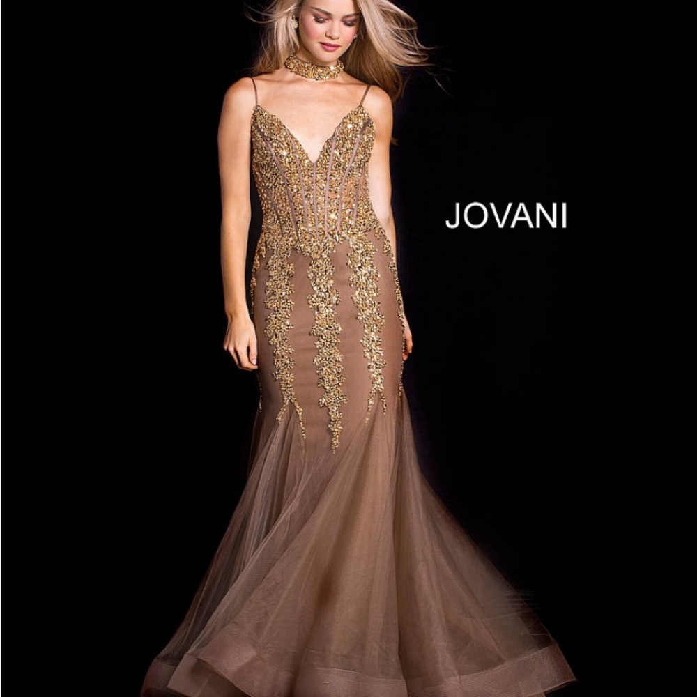 Jovani 56032A Taupe beaded prom gown